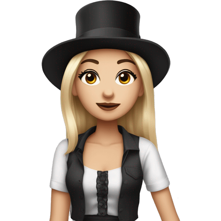 A girl with make up wearing ￼ a crop top shirt with ￼a top hat emoji