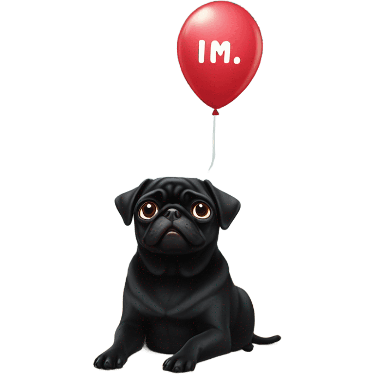 Black pug  and a ballon that says  “I’m sorry” emoji