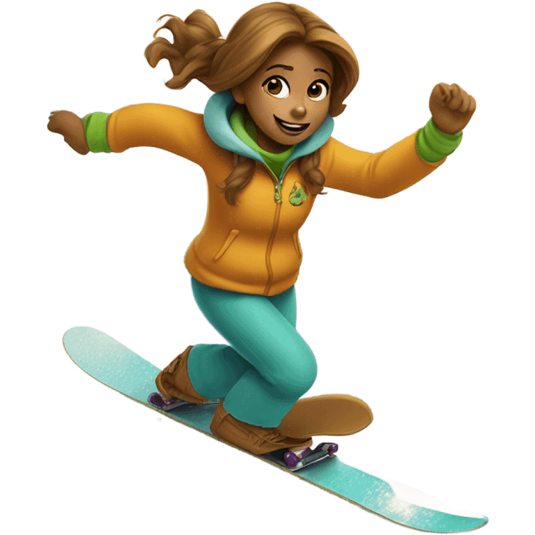 A girl in a costume a Scooby Doo is snowboarding emoji