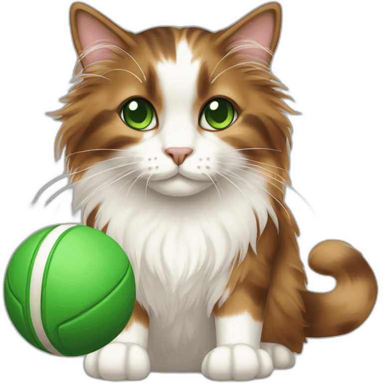 longhaired brown and white calico cat with green eyes playing with ball emoji