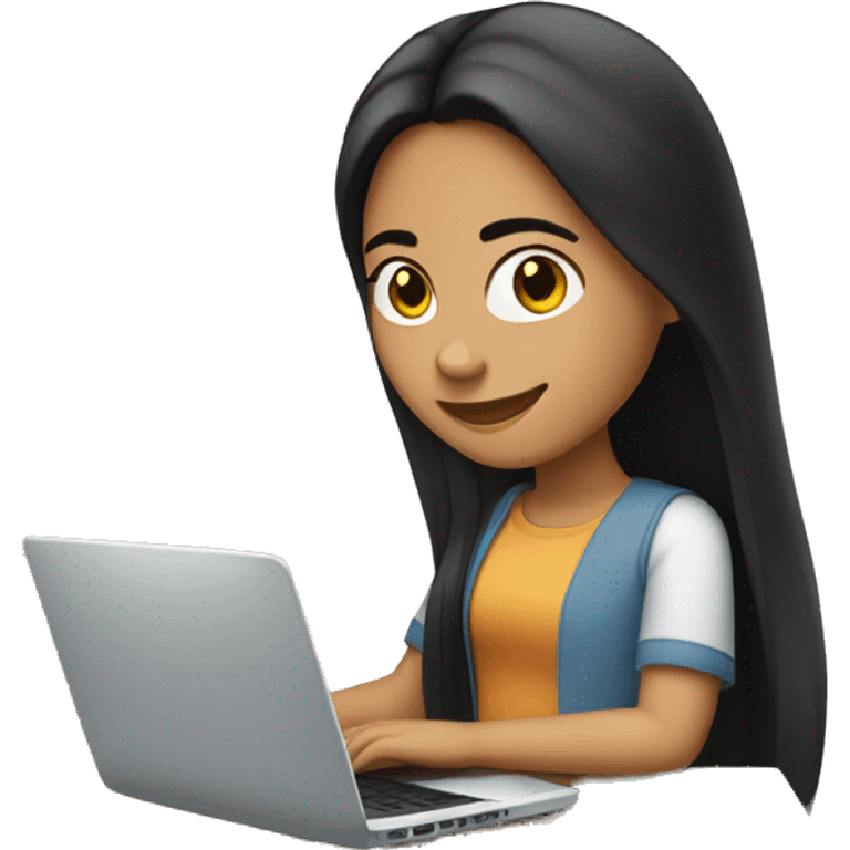 a hispanic girl with long black straight hair, tan skin, with her laptop, affiliative smile emoji