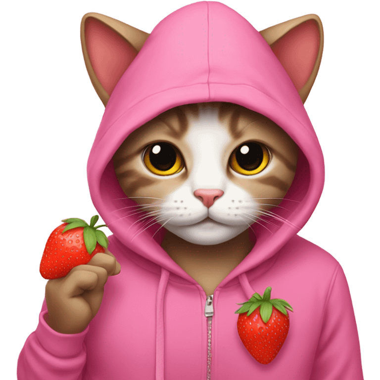 Cat with a pink hoodie and a strawberry emoji