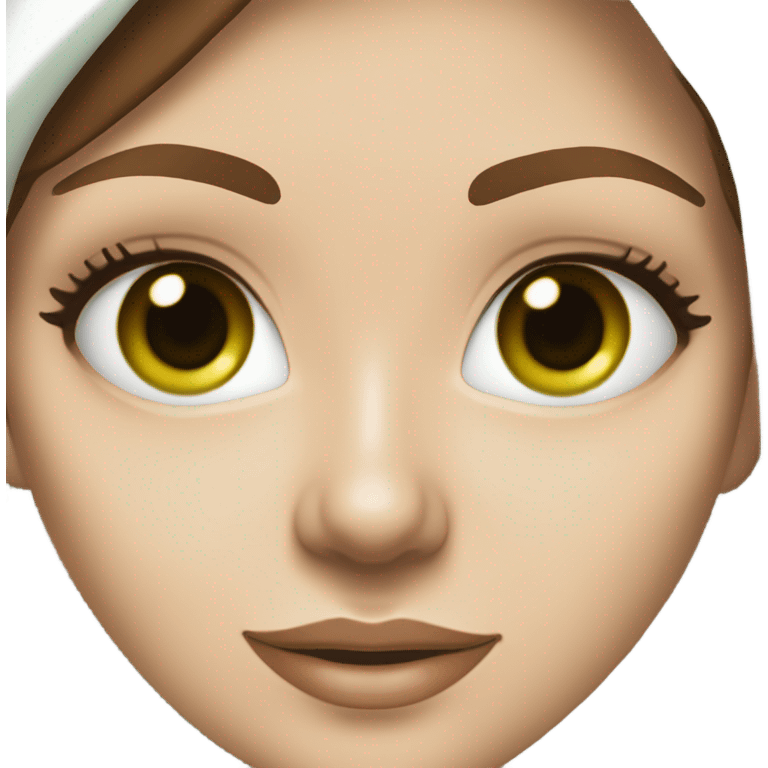 White girl with Brown hair and blue eyes wears a Green colored skincare clay textured mask and puts on cucumbers around her eyes while She relaxes in her white Robe emoji