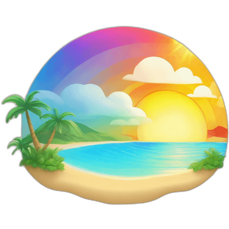 Illustrate a smiling sun with rainbow rays, rising above a vibrant beach scene." emoji