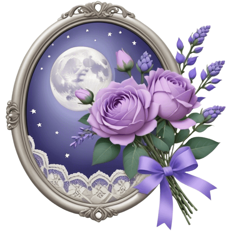 Under the soft light of a vintage brass lantern, a small bundle of lilac roses, indigo peonies, and delicate lavender sprigs is tied with a lace ribbon in a muted violet hue. Above, the sky is scattered with tiny silver stars, reflecting gently in the antique hand mirror with a moon-shaped handle beside the bouquet. emoji