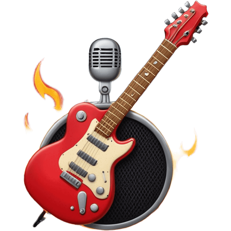 Create a bold and dynamic emoji representing rock vocal performance in a humanless collage. The design should feature a vintage microphone at the center, surrounded by key rock elements like an electric guitar, drumsticks, and a guitar pick. Include symbols of energy, such as lightning bolts or flames, and subtle musical notes or sound waves to evoke the raw power of rock vocals. Use dark, bold colors like black, silver, and red, with hints of chrome or metallic accents to convey the edgy, rebellious spirit of rock music. The background should be transparent. emoji