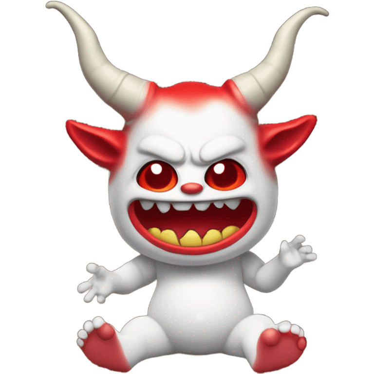 Red horned Satan doll swinging legs on a shelf  emoji