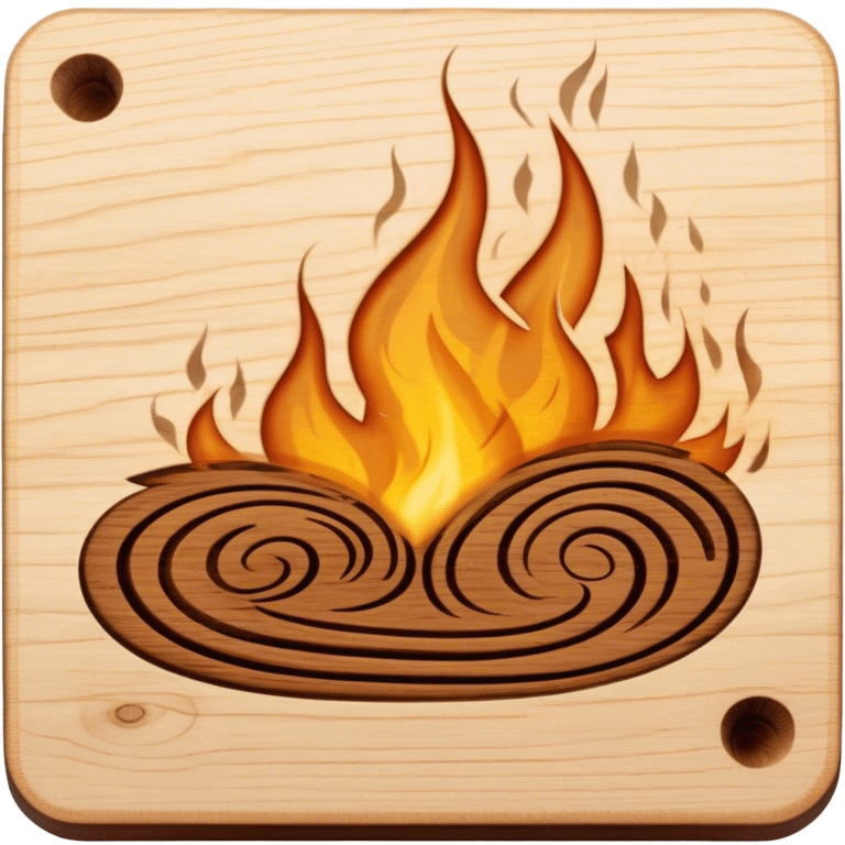 Pyrography icon, piece of wood with half-burned intricate patterns, pyrography tool emitting heat, visible burn marks and ongoing design process, smoke rising from the wood, wood texture, minimalistic style, clean lines, transparent background. emoji