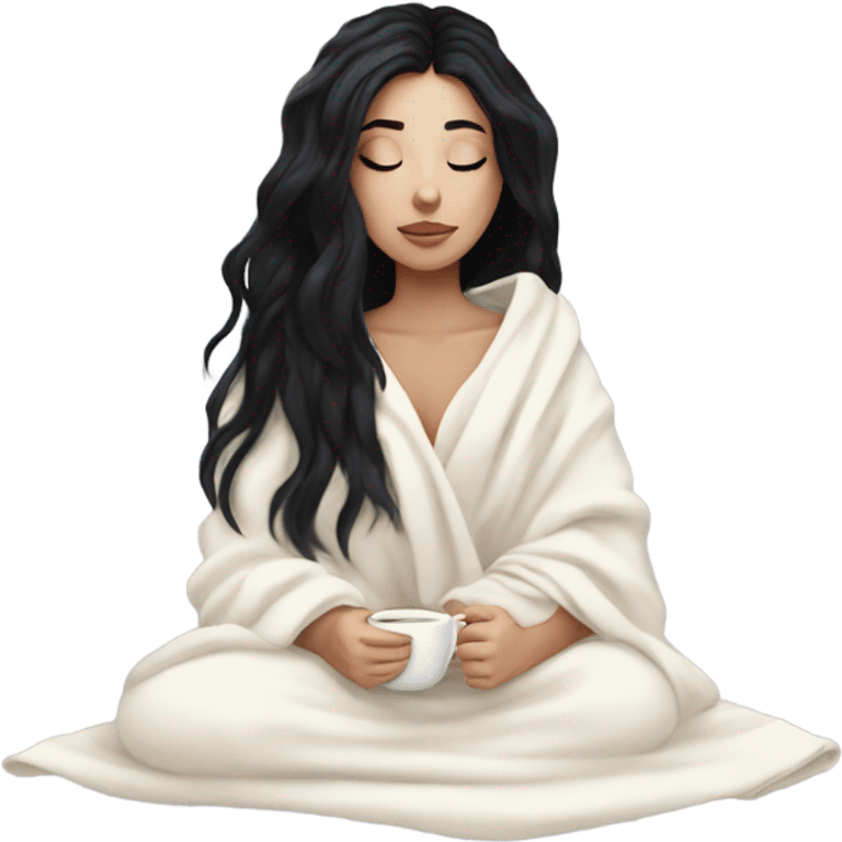 Pale Girl with black hair cozy in a white kblanket seeping tea  emoji