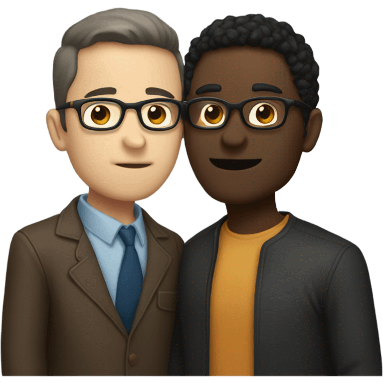 Two men kissing, one white skin with black hair, one brown with glasses emoji