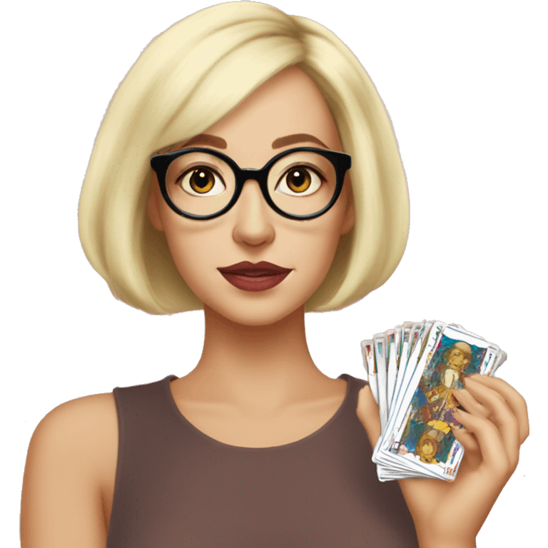 Blonde Bob cut hair weird Karen with circular glasses and tarot cards emoji