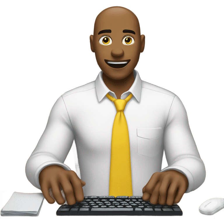 yellow skin man typing on keyboard wearing white button down shirt seating on desk front view emoji