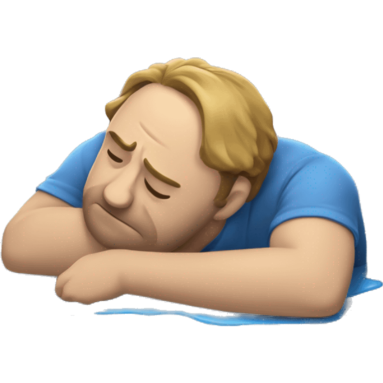 create an emoji of a man wearing a blue shirt, laying face down on the ground looking exhausted and a puddle around his face making him look melted emoji