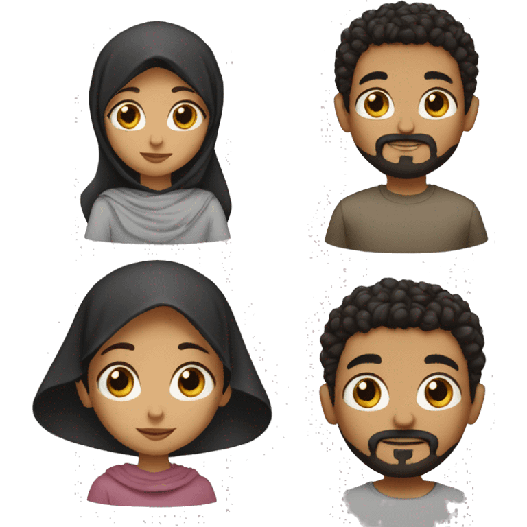 the brown boy has black short curly hair, goatee and moustache, black eyes. The girl has hijab  emoji