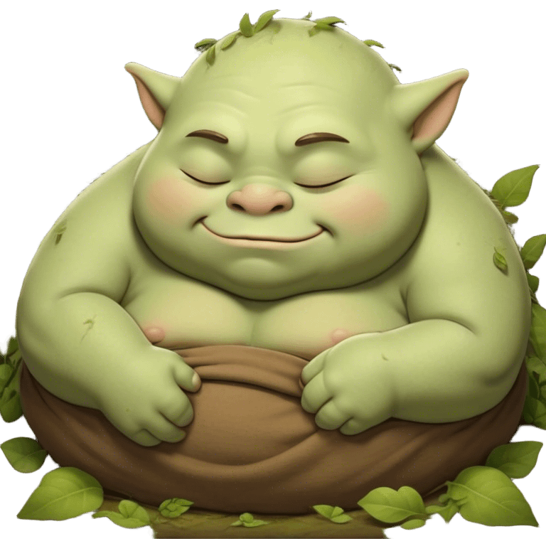 Meme-Worthy Cute Sleeping Ogre Portrait Emoji, with a surprisingly endearing, plump figure in soft earthy greens and browns, head drooping gently with closed, relaxed eyes and a content, sleepy grin, simplified yet adorably detailed, glowing with a soft warm outline that captures the peaceful slumber of a friendly ogre after a day of gentle mischief! emoji