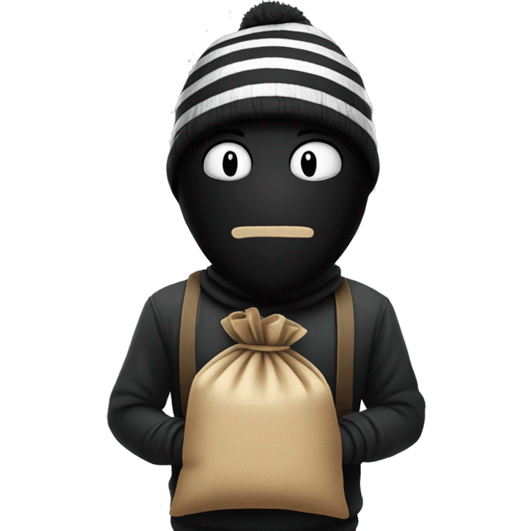 A cartoon figure in a black mask, striped shirt, and beanie, holding a tied sack with a sly expression emoji