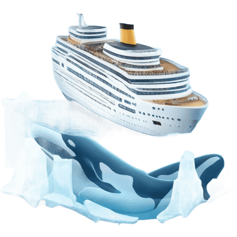 Cruise ship sailing through icy waters with ice bergs and whales emoji