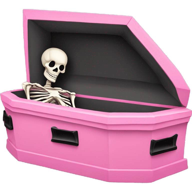 Pink coffin with a black bow on it with a skeleton in it  emoji