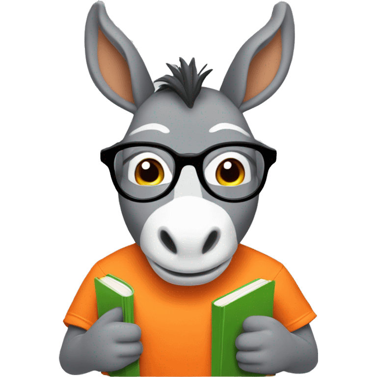 Make me a set of donkey memoji for an educational project. cute gray donkey, with round glasses, wearing an orange t-shirt, holding a book on his hand. it is important that it be in memoji style emoji