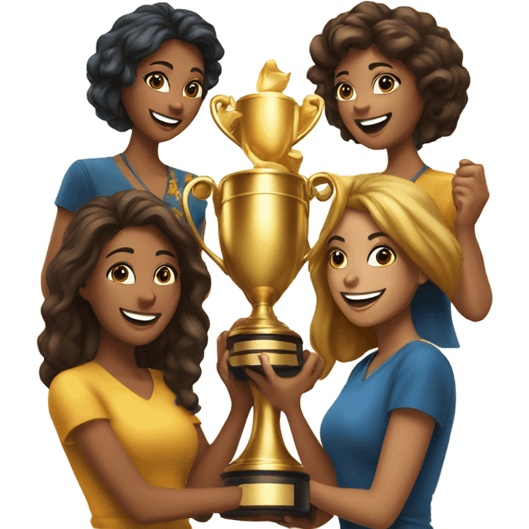 Six beautiful women celebrating with huge golden trophy emoji