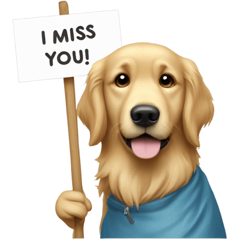 Golden retriever holding a sign that says I miss you ryder  emoji