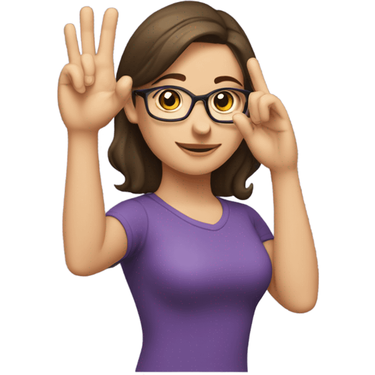 a caucasian brunette female, wearing a purple t-shirt and glasses, making the military salute gesture with her hand next to her head emoji