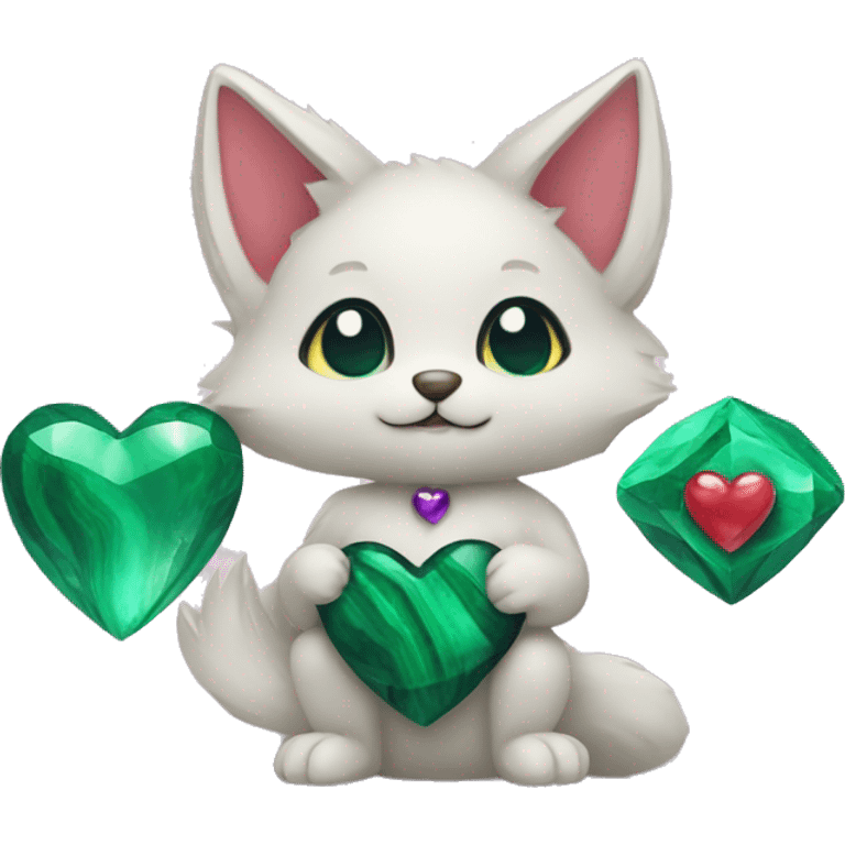 A Kitsune Holding a Malachite Heart, an Amethyst Heart and a Pearl Heart emoji