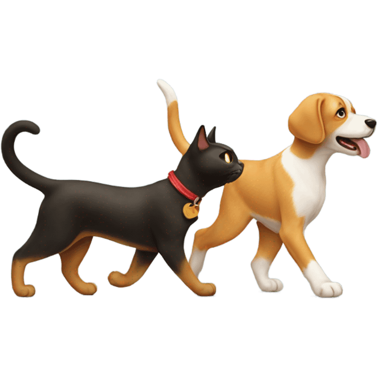 A cat walking a dog emoji