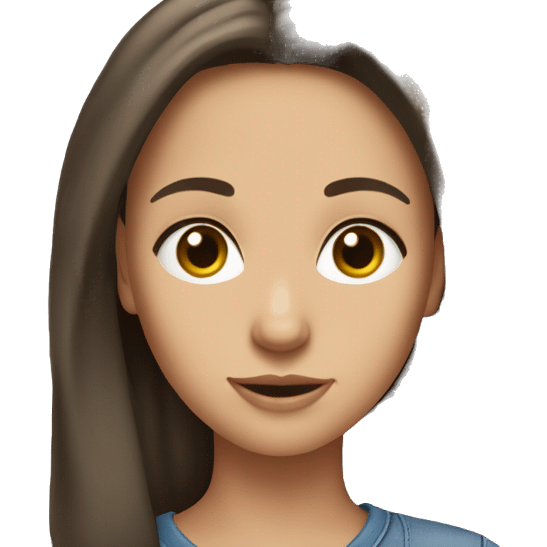 A girl with fair skin, long dark brown hair, hazel eyes, wearing t shirt and blue jeans  emoji