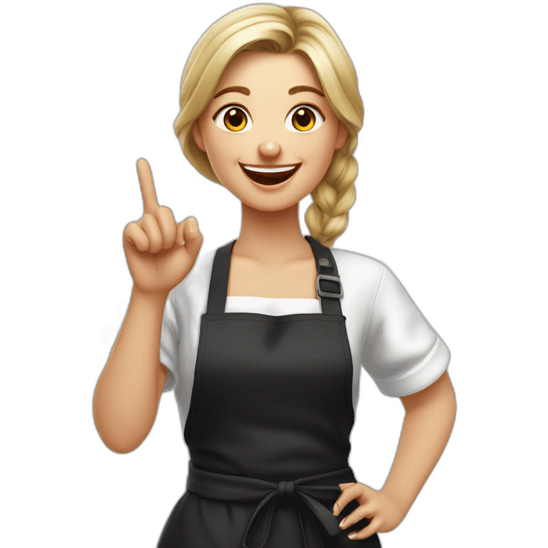 Slavic girl in a white T-shirt and a black apron shows class with her finger and laughs emoji