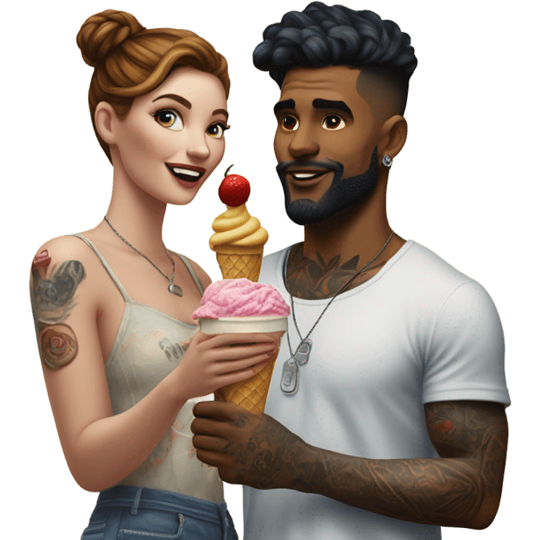 Hyper Realistic beautiful woman in the arms of a very handsome tattooed man sharing ice cream  emoji