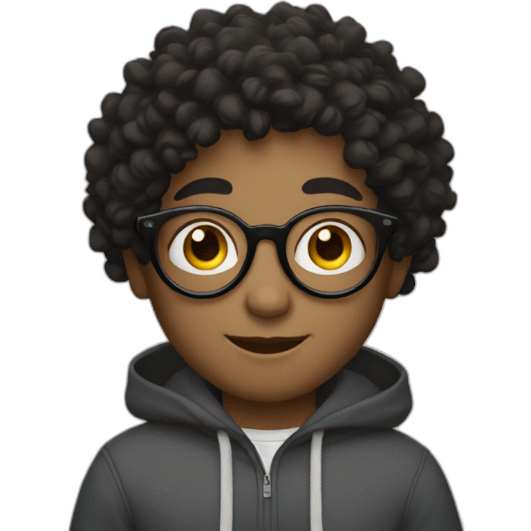 Boy, dark curly hair with circle glasses emoji