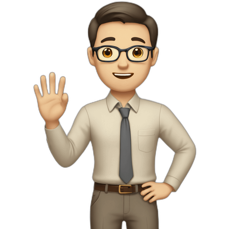 To belt Actively gesturing with hands Pale skinned fit man teacher with dark brown hair in gray jacket, beige office shirt, brown tie, brown pants and vintage glasses. emoji