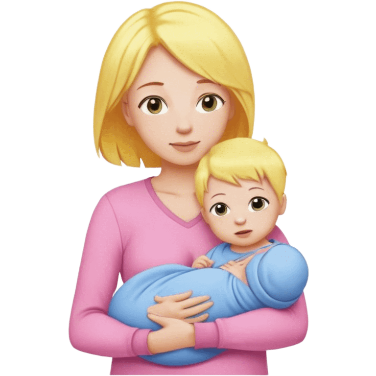 Mother with yellow hair and pink clothes, holding baby in blue clothes emoji