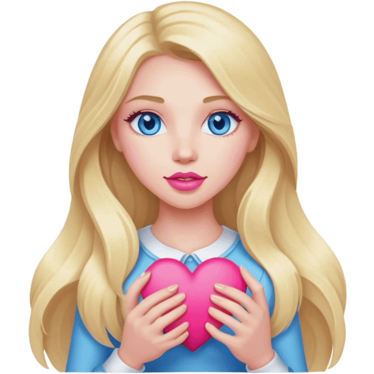 A realistic blonde with long hair and blue eyes and pink lips holds a heart in her hand emoji