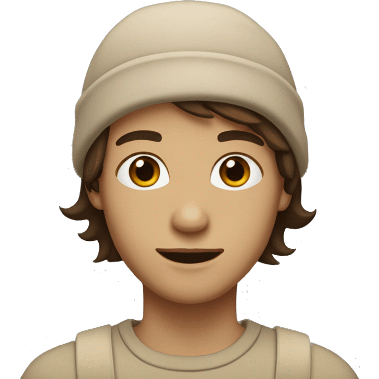 A person with medium-length brown hair, beige beanie, brown eyes, soft smile. emoji