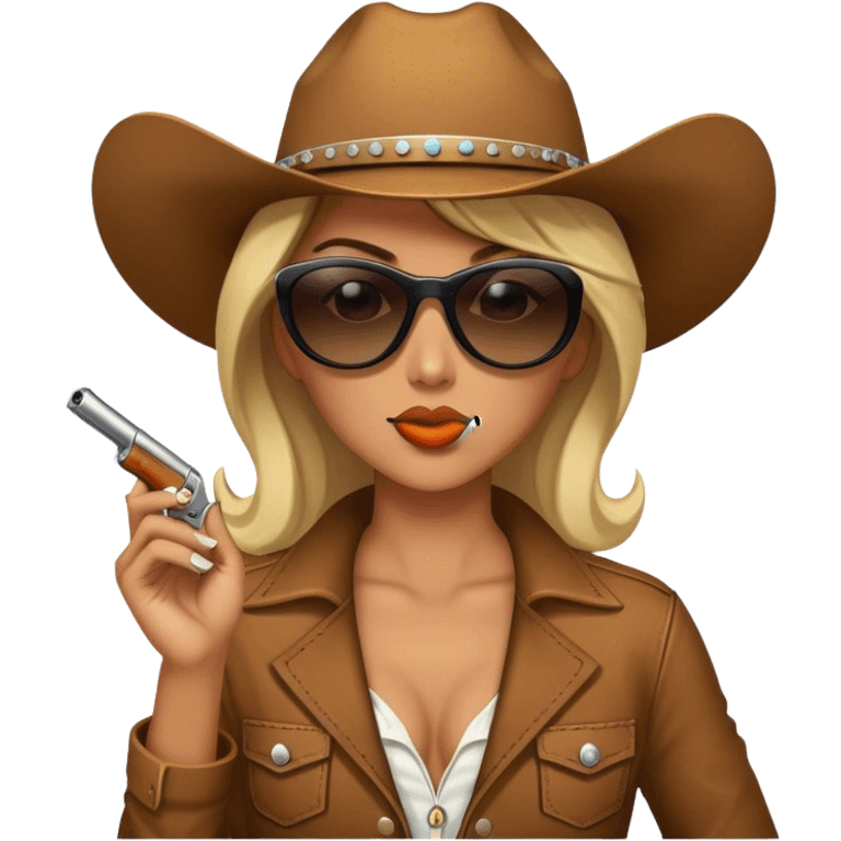 Cowgirl wearing sunglasses, smoking a cigarette, and holding a gun  emoji