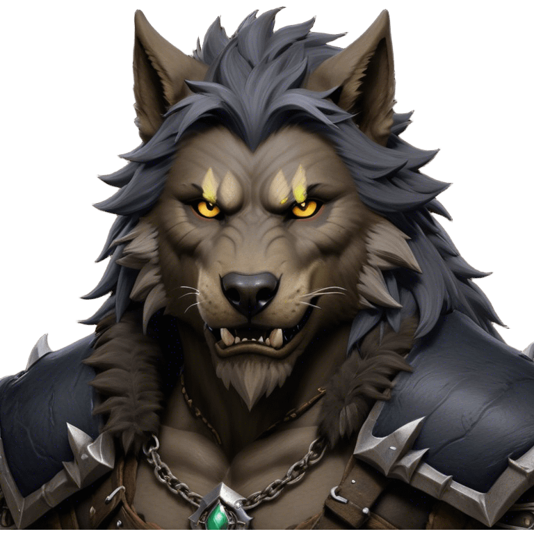 Cinematic Realistic WoW Worgen Portrait, depicted as a fearsome blend of man and beast, with rugged, dark fur intermingling with tanned, weathered skin. His piercing amber eyes and fierce expression are framed by disheveled hair and subtly detailed, worn leather attire in dark, consistent hues. Rendered with lifelike texture and dramatic, natural lighting, high shine, noble and formidable, capturing the primal nobility of a legendary worgen warrior. emoji