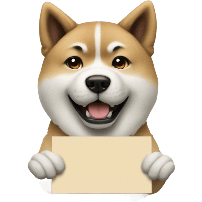 Akita holding a sign that says hi emoji