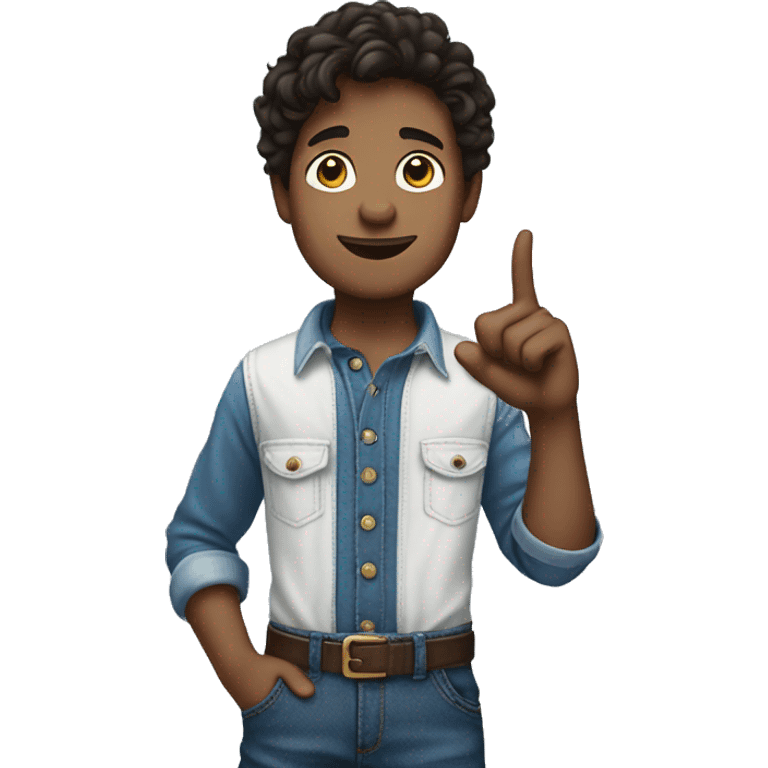 boy pointing to the sky from behind, half body, dark brown wavy hair, wearing blue jeans overalls and white shirt. emoji