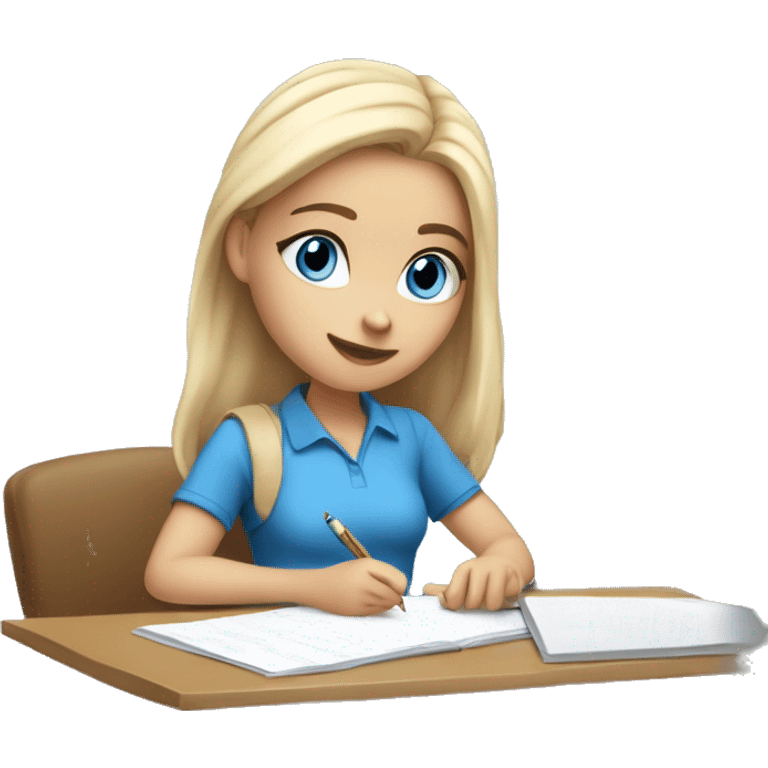 White Smart girl with blue eyes and light skin doing Homework on a desk writing on a piece of paper  emoji