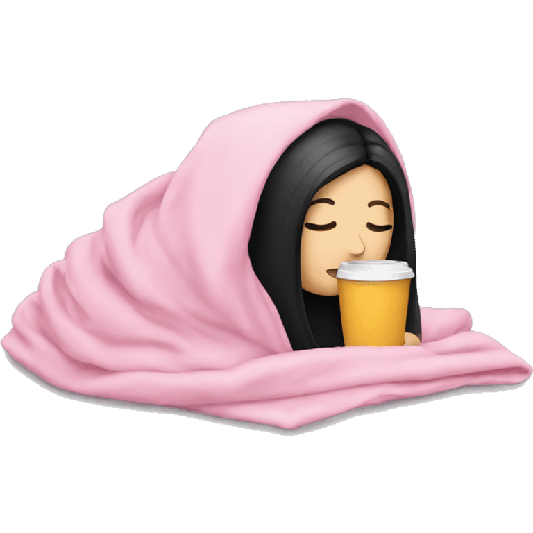 white girl with black straight hair inside a pink blanket sipping coffee eyes closed emoji