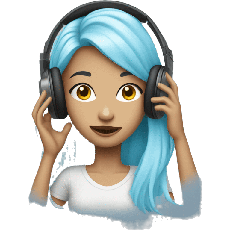 young woman with long light blue hair, listening music, wearing headphones, emoji