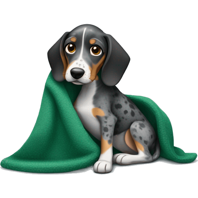 Miniature bluetick hound snuggling green blanket emoji