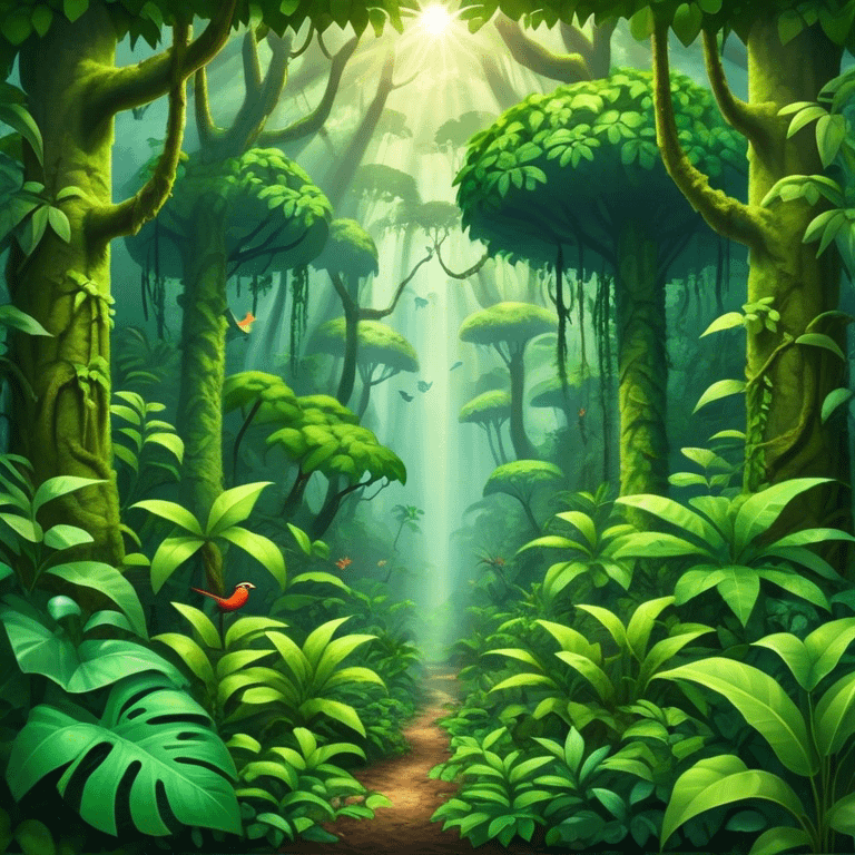 Cinematic Realistic Rainforest Emoji, Lush and vibrant, filled with towering trees, thick vines, and dense green foliage, sunlight filtering through the canopy above, creating dappled patches of light on the rich, diverse undergrowth. The air is heavy with moisture, with mist rising from the forest floor and distant calls of exotic birds and animals echoing through the trees. Soft glowing outline, capturing the essence of a thriving, untamed tropical paradise filled with life! emoji