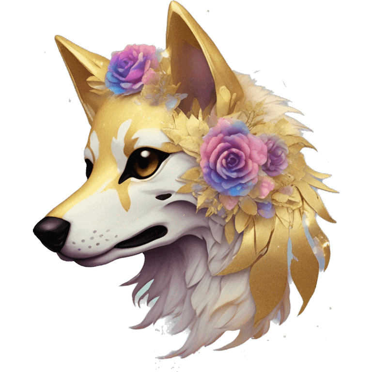 iridescent kintsugi fluffy dog fox head zombie skull skeleton gold mechanical nebula galaxy stars colorful flowers fairy lights vintage emoji