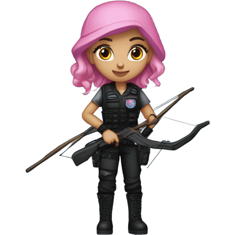 white girl, tactical vest, dark pants, pink hair, blue eyes, black beanie hat with crescent moon and stars on front, bow and arrow, black combat boots emoji