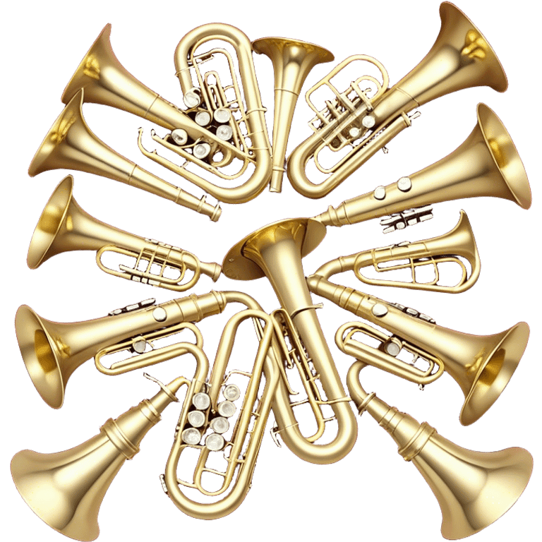 Create a festive and elegant emoji collage featuring a bouquet or fan of brass instrument bells (trumpets, saxophones, trombones, etc.) arranged in a radiant, symmetrical pattern. The instruments should have polished, golden and silver finishes, with their large, shiny bells forming a beautiful, fan-like display. Include a flowing ribbon of musical notes swirling through the center, conveying movement and melody. The background should feature a deep red velvet texture, adding a touch of luxury and sophistication. The overall composition should be balanced, with an elegant and regal feel, with a transparent background to keep focus on the instruments and musical elements. emoji