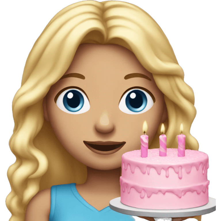 Woman with long blonde hair and blue eyes holding a pink birthday cake  emoji