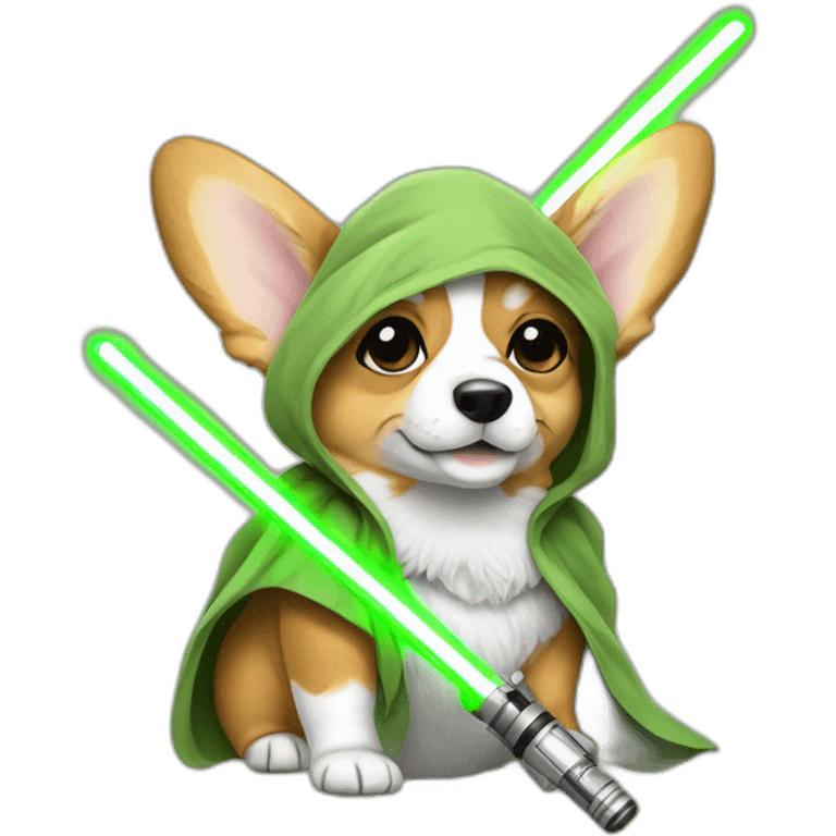 Corgi dress as yoda with one light saber green emoji